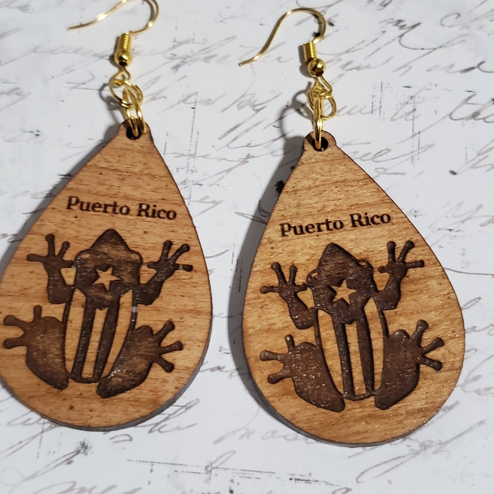 Puerto Rico Coqui Flag Engraved in Wood Earrings